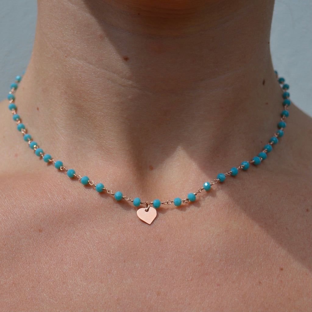 Girocollo in argento rose’ con pietre azzurre e cuore pendente