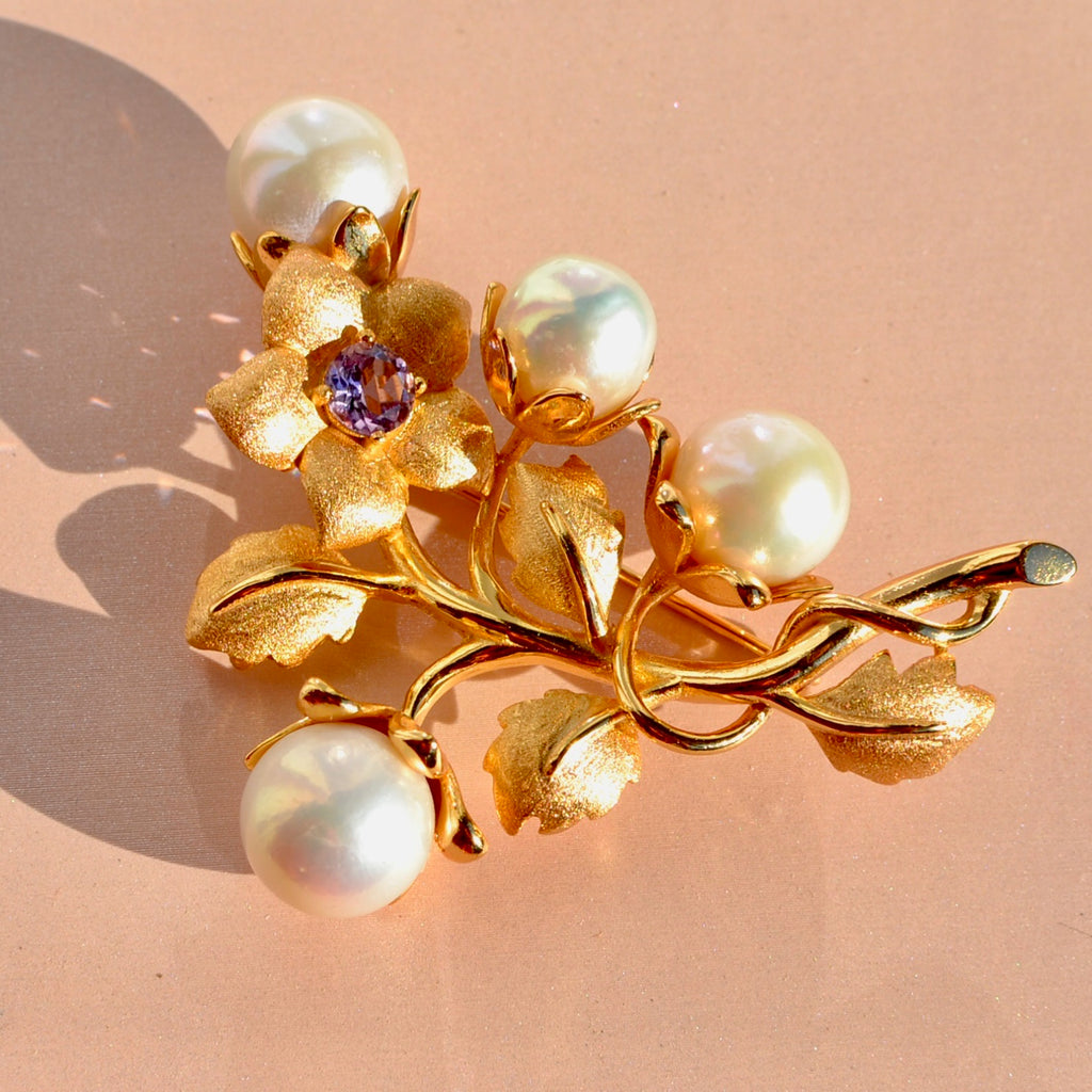 Spilla argento gold con zirconi e perle