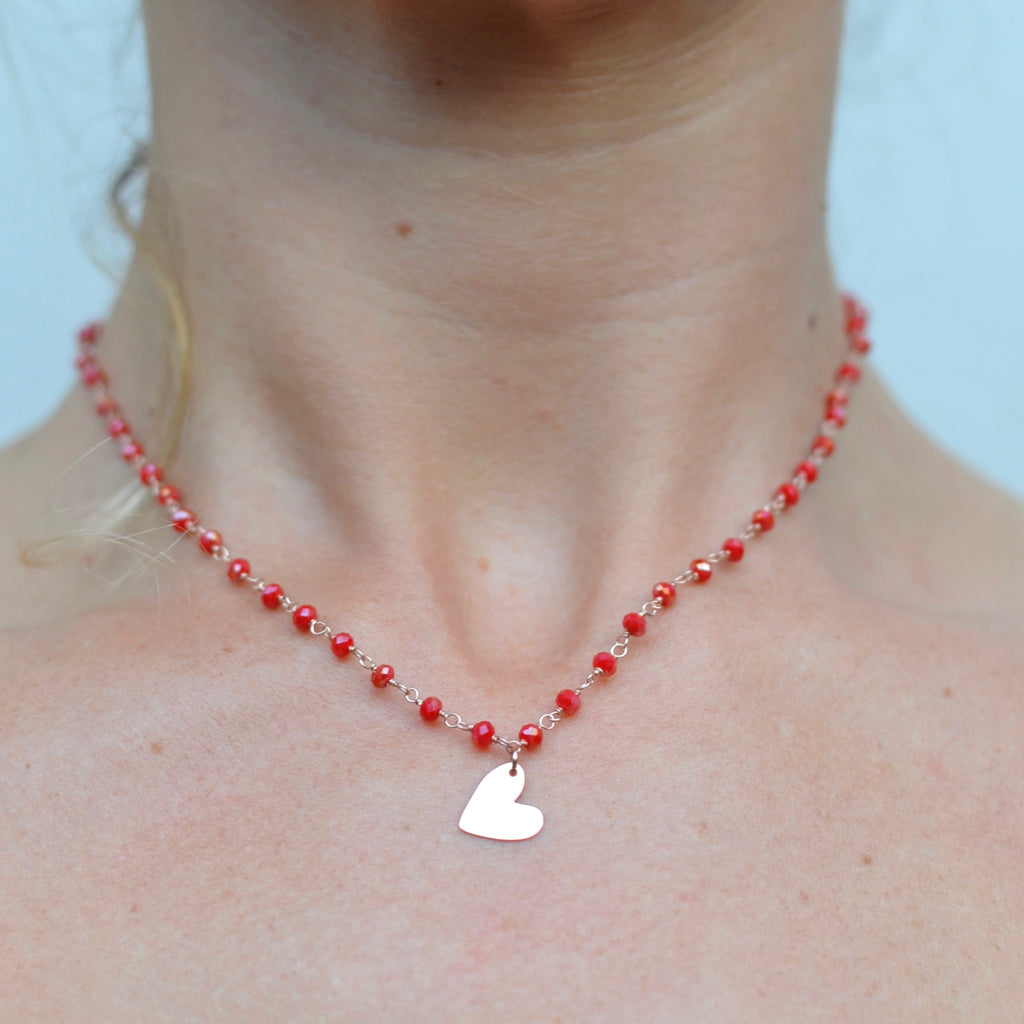 Girocollo argento rose’ con pietre rosse e cuore pendente