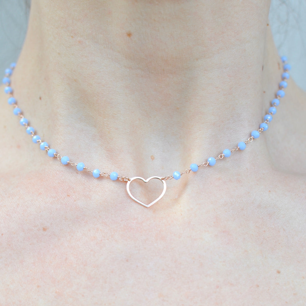 Girocollo argento rose’ con cuore zirconi azzurri pendenti