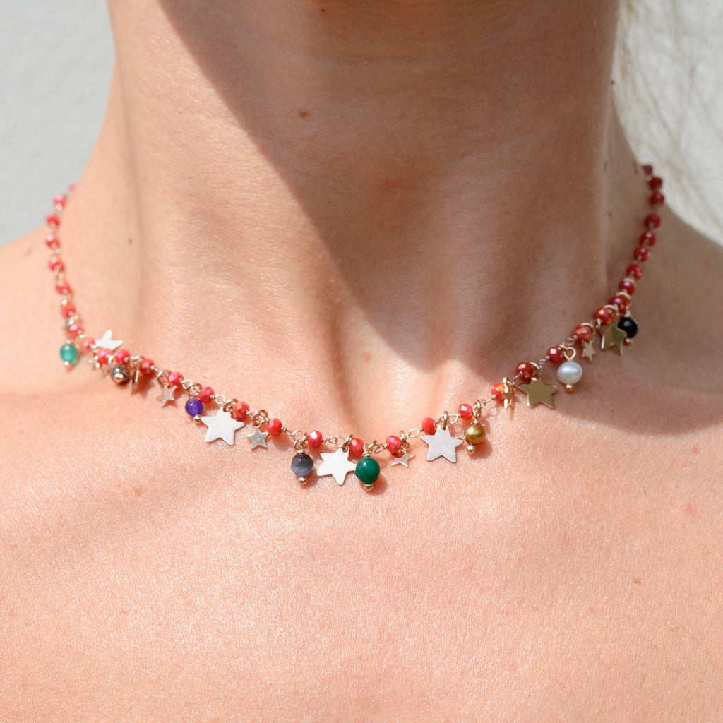 Girocollo argento rose’ con pietrine rosse e stelle pendenti