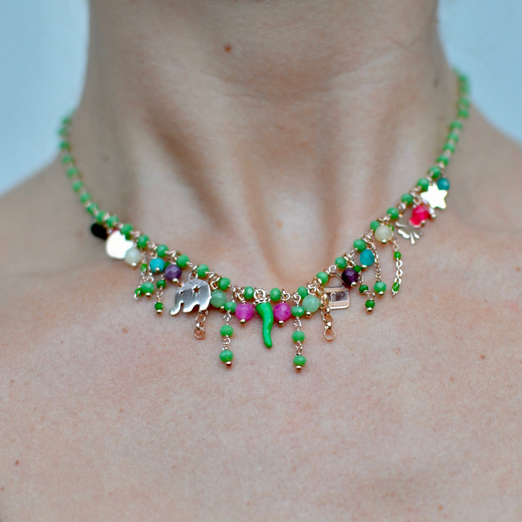 Girocollo argento rose’ con pietrine verdi e pendenti