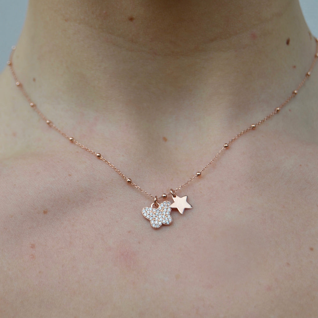 Girocollo argento rose’ con farfalla zirconi pendenti