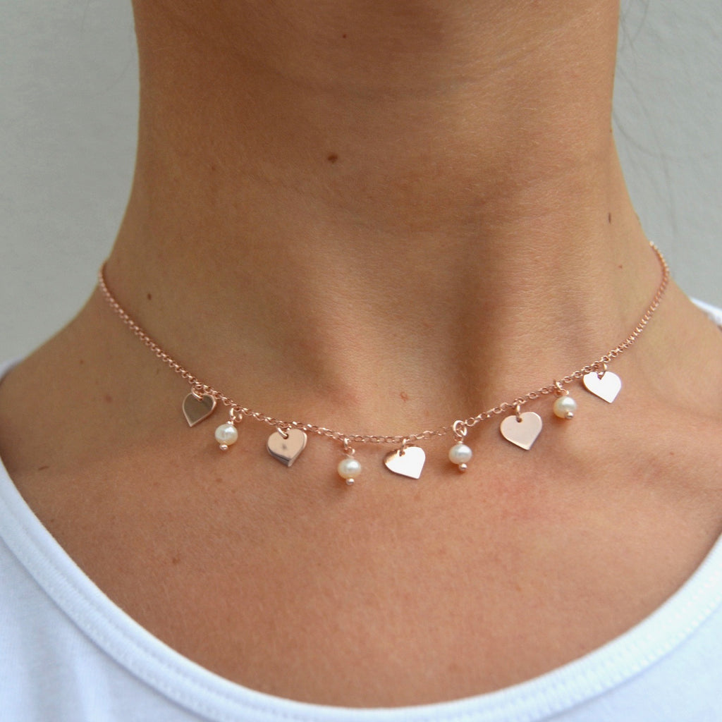 Girocollo argento rose’ con cuori e perle pendenti