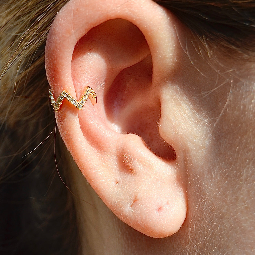 Orecchino mono ear cuff argento gold con zirconi