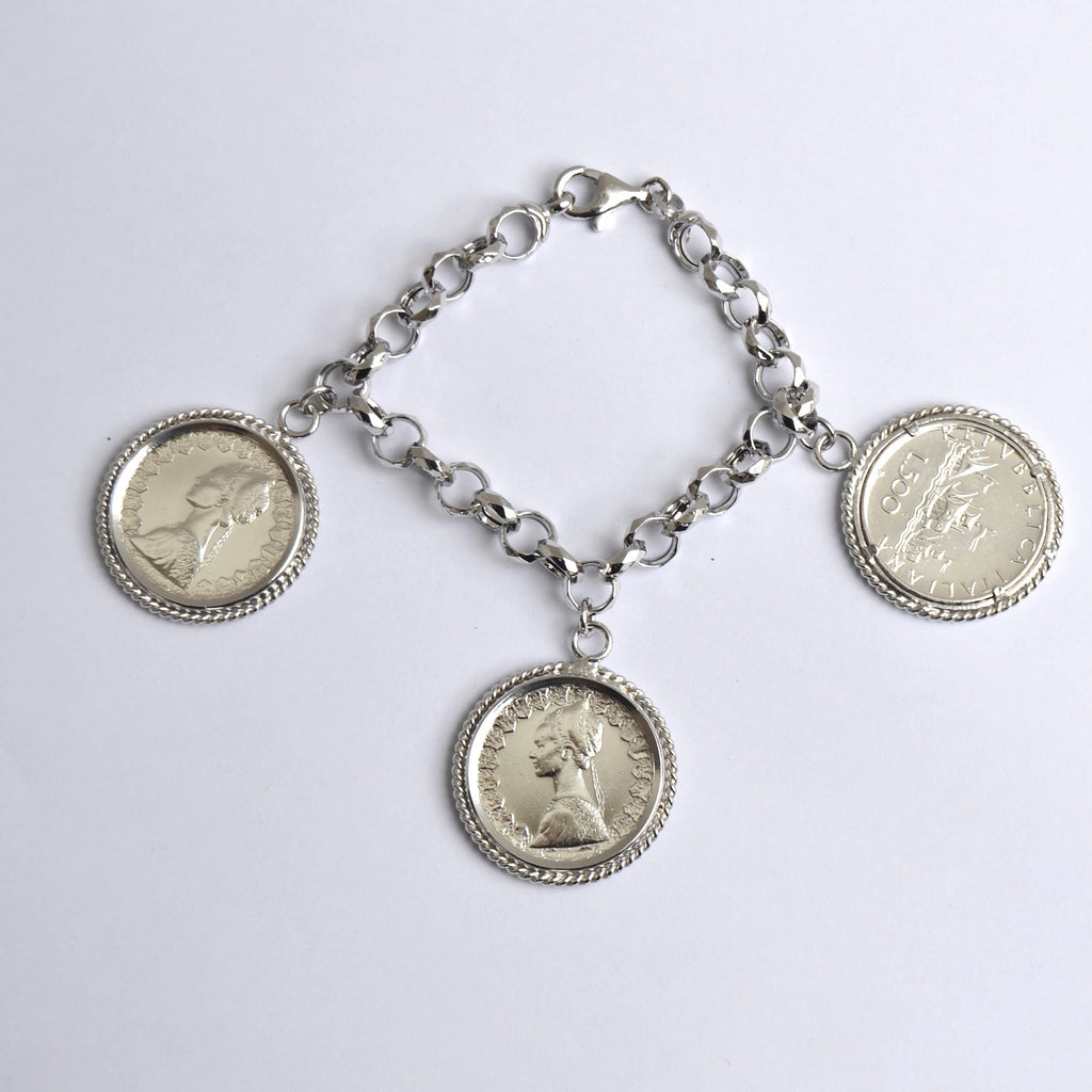 Bracciale argento rodiato con 3 monete Lire 500 pendenti