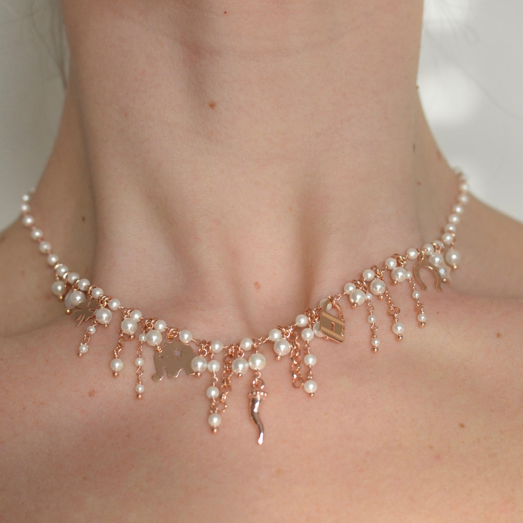 Girocollo argento rose’ con perle e pendenti